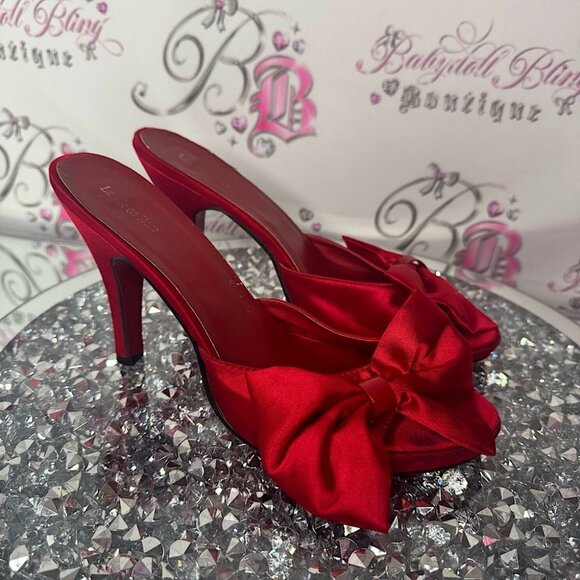 La vie en rose heels ribbon 🎀 bows red heels red bow ribbon accent silky satiny - Picture 1 of 14